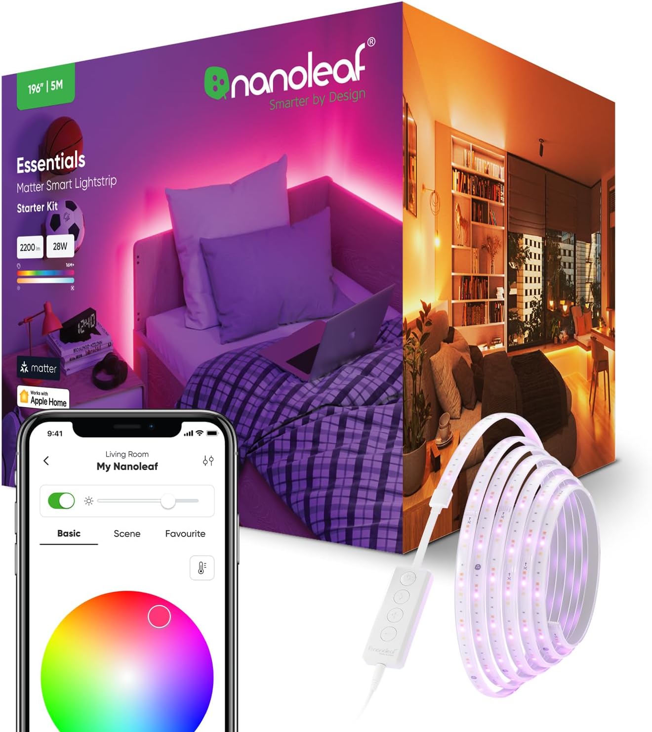 Nanoleaf Matter Essentials Lightstrip Starter Kit, 5M Smart RGBW LED Strip Light - Matter over Thread, Bluetooth Colour Changing LED Strip, Works with Google Apple, Room Decor & Gaming-0