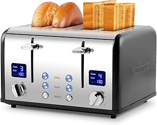 Toaster 4 Slices, Cusimax Stainless Steel Toaster with Ultra-Clear LED Display & 4 Extra-Wide Slots, Defrost/Reheat/Cancel Function, 6 Browning Settings, Removable Crumb Tray, Black