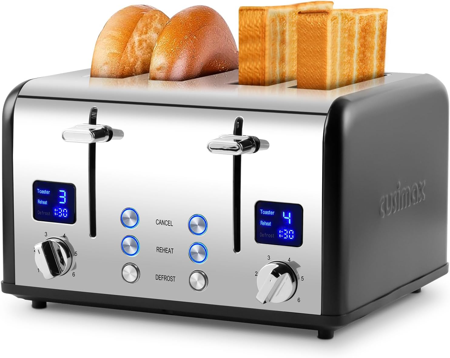 Toaster 4 Slices, Cusimax Stainless Steel Toaster with Ultra-Clear LED Display & 4 Extra-Wide Slots, Defrost/Reheat/Cancel Function, 6 Browning Settings, Removable Crumb Tray, Black-0