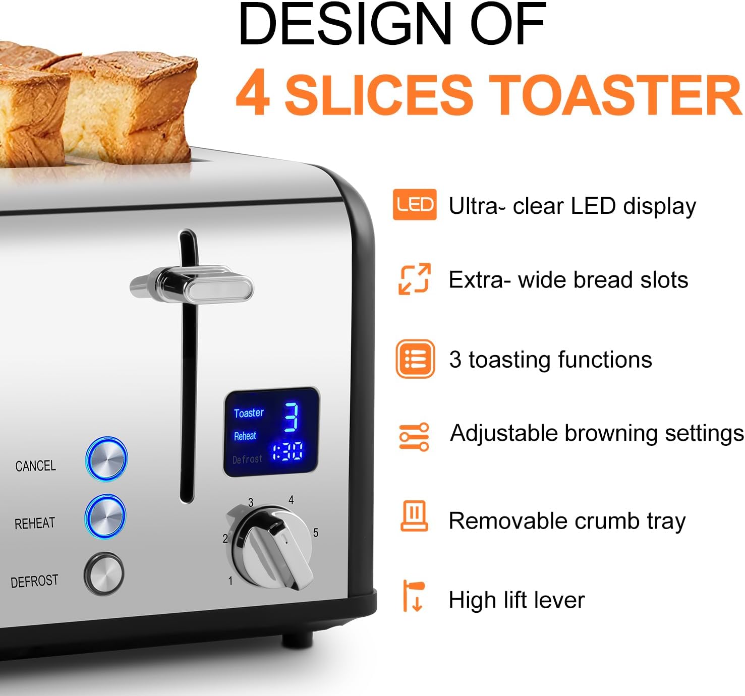 Toaster 4 Slices, Cusimax Stainless Steel Toaster with Ultra-Clear LED Display & 4 Extra-Wide Slots, Defrost/Reheat/Cancel Function, 6 Browning Settings, Removable Crumb Tray, Black-1