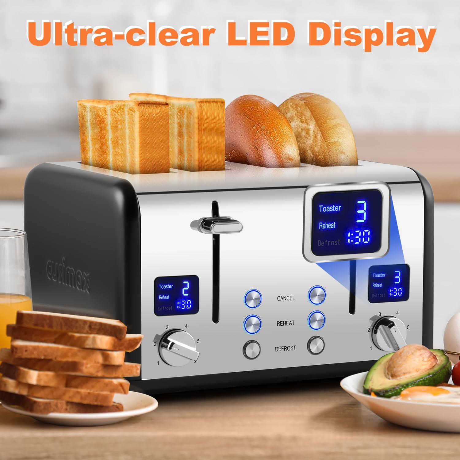 Toaster 4 Slices, Cusimax Stainless Steel Toaster with Ultra-Clear LED Display & 4 Extra-Wide Slots, Defrost/Reheat/Cancel Function, 6 Browning Settings, Removable Crumb Tray, Black-2