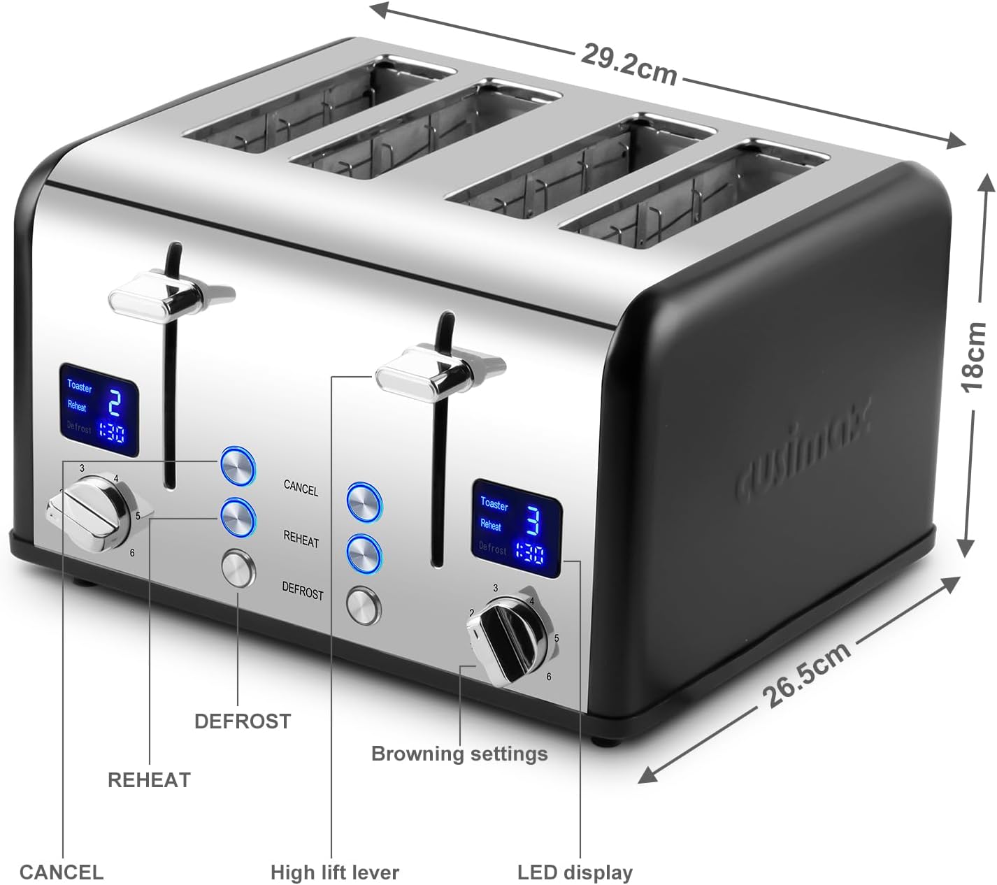 Toaster 4 Slices, Cusimax Stainless Steel Toaster with Ultra-Clear LED Display & 4 Extra-Wide Slots, Defrost/Reheat/Cancel Function, 6 Browning Settings, Removable Crumb Tray, Black-5