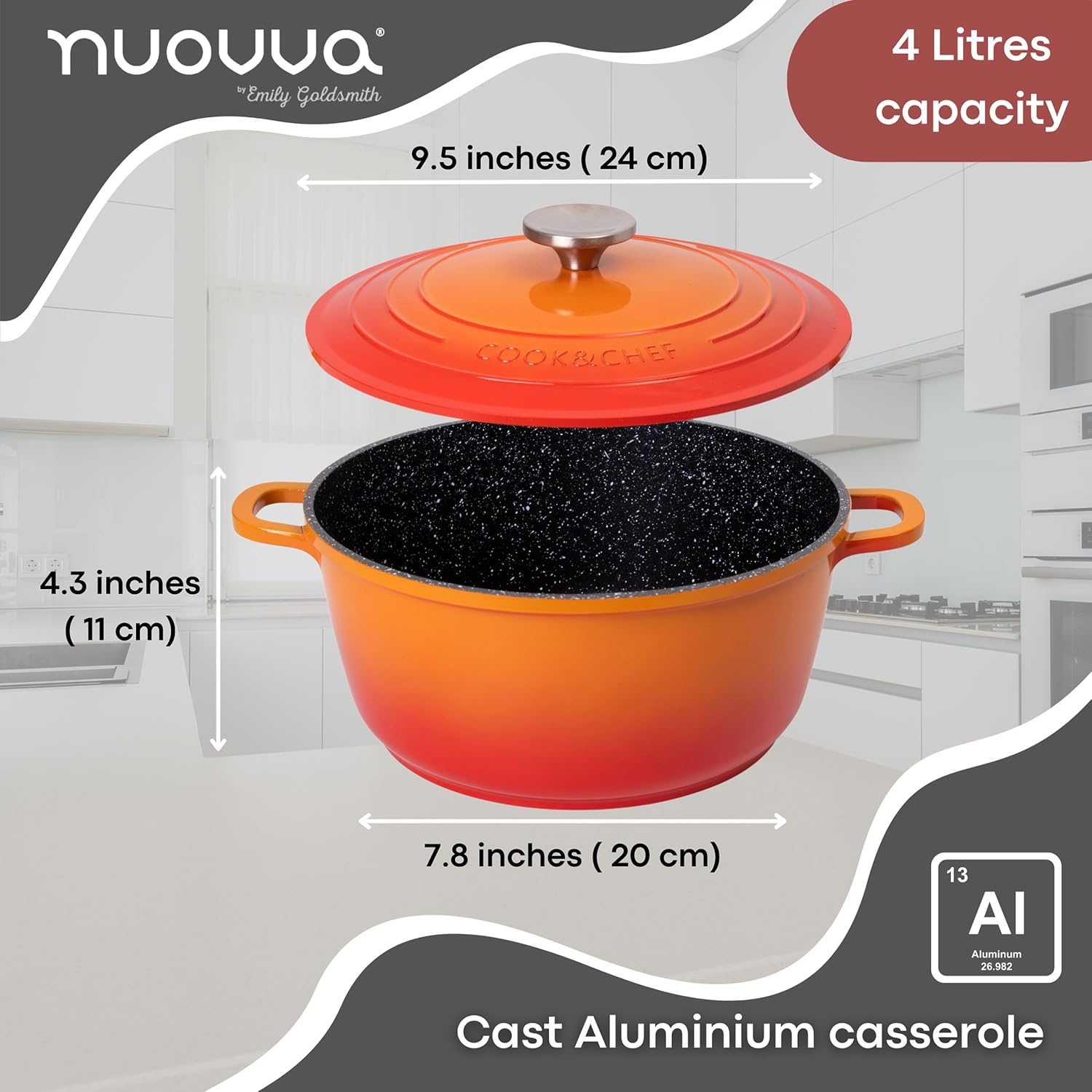 Casserole Dishes with Lid Oven Proof – Non Stick Deep Dutch Oven – Induction Cooking Pot – Oven Safe Aluminium Stockpot – 4L, 24cm, Orange – by Nuovva-1