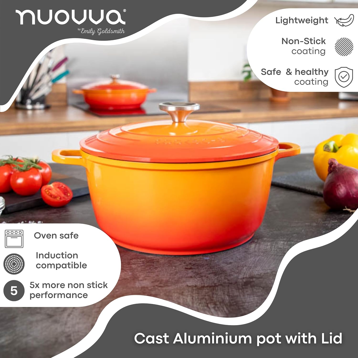 Casserole Dishes with Lid Oven Proof – Non Stick Deep Dutch Oven – Induction Cooking Pot – Oven Safe Aluminium Stockpot – 4L, 24cm, Orange – by Nuovva-3