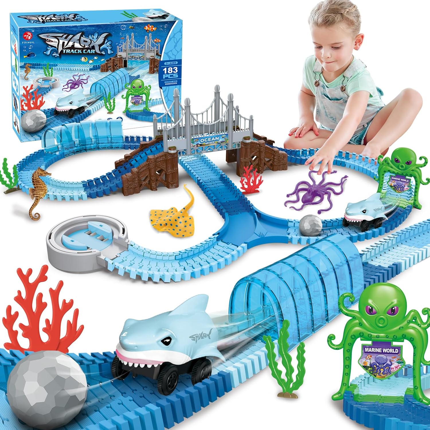 VATOS Track Toys, 183 Pcs Race Car Toys for Boys Girls 3 4 5 6 7 9 Year, Bendable Flexible Racetrack Cars with Shark & Ball, Ocean Theme Train Toys, STEM Educational Playset Birthday Gift-0