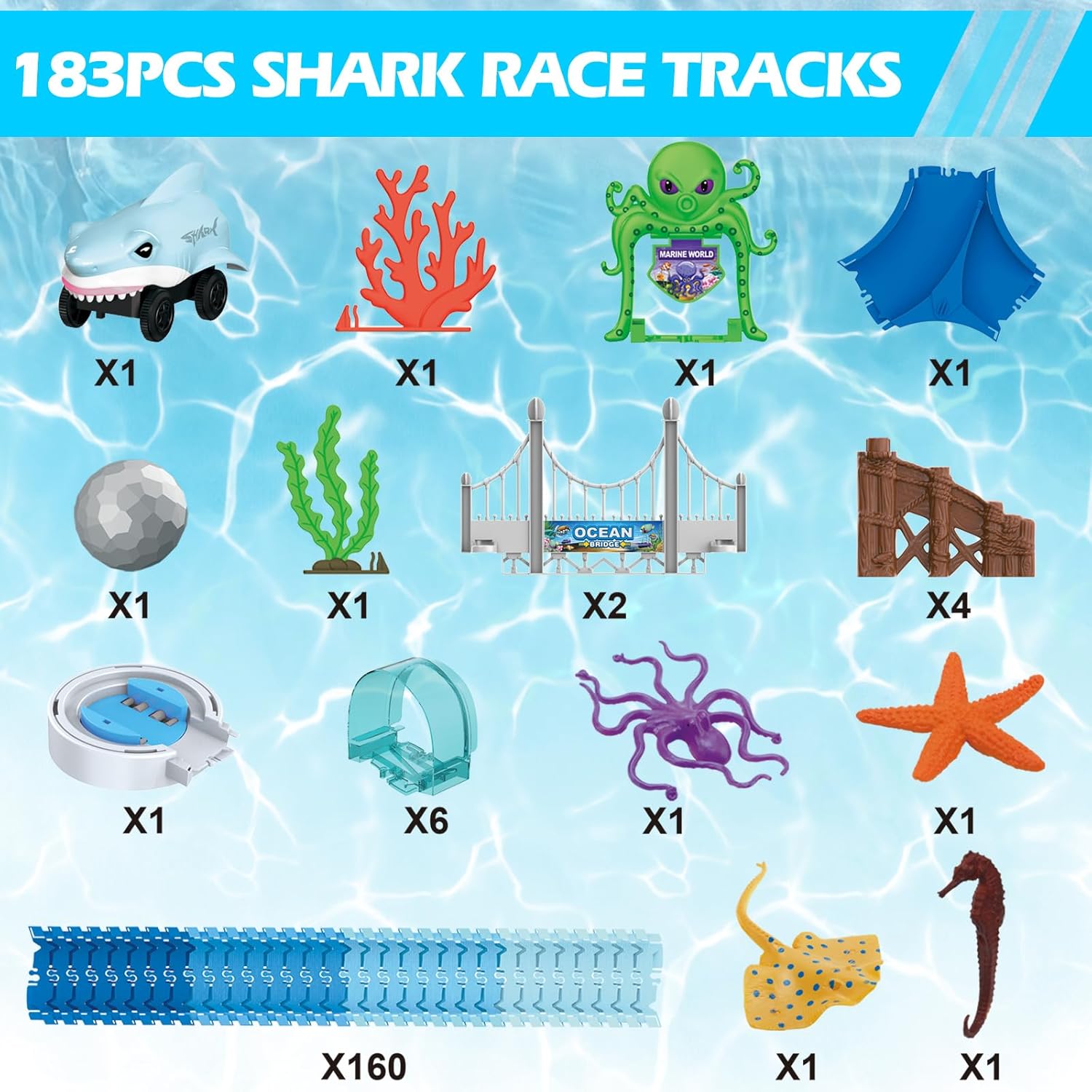 VATOS Track Toys, 183 Pcs Race Car Toys for Boys Girls 3 4 5 6 7 9 Year, Bendable Flexible Racetrack Cars with Shark & Ball, Ocean Theme Train Toys, STEM Educational Playset Birthday Gift-2