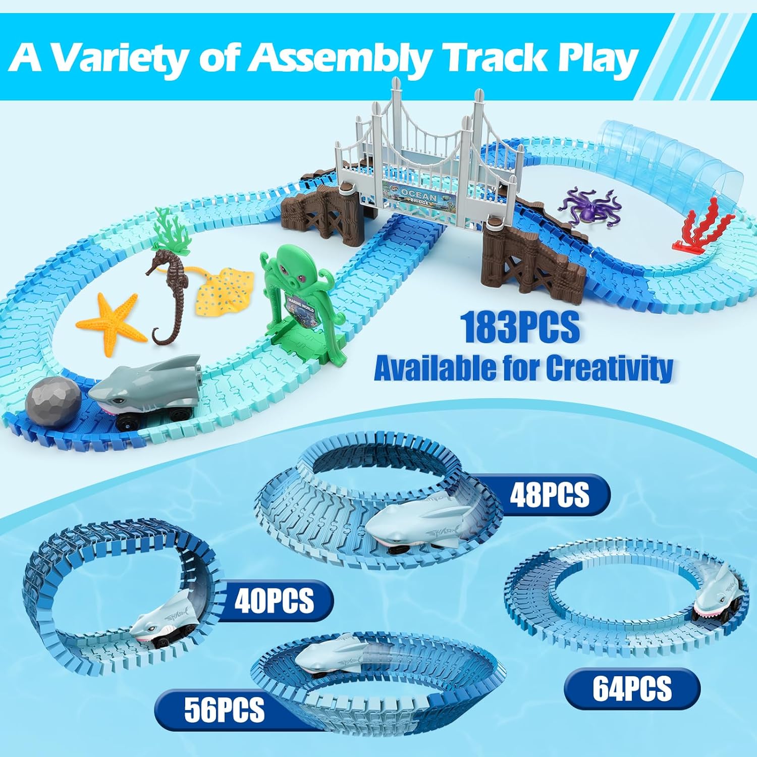 VATOS Track Toys, 183 Pcs Race Car Toys for Boys Girls 3 4 5 6 7 9 Year, Bendable Flexible Racetrack Cars with Shark & Ball, Ocean Theme Train Toys, STEM Educational Playset Birthday Gift-4