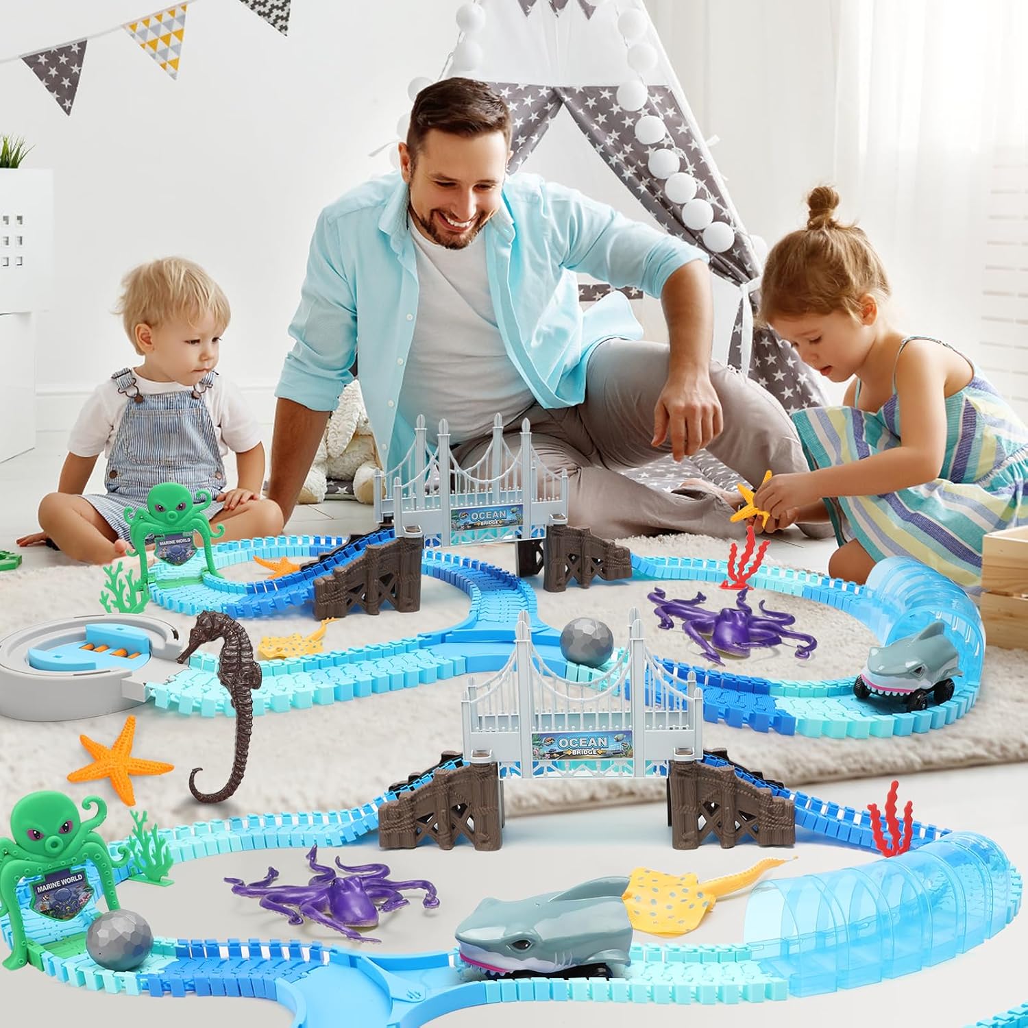 VATOS Track Toys, 183 Pcs Race Car Toys for Boys Girls 3 4 5 6 7 9 Year, Bendable Flexible Racetrack Cars with Shark & Ball, Ocean Theme Train Toys, STEM Educational Playset Birthday Gift-5