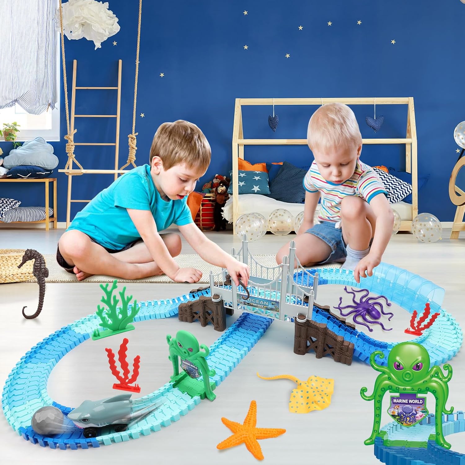 VATOS Track Toys, 183 Pcs Race Car Toys for Boys Girls 3 4 5 6 7 9 Year, Bendable Flexible Racetrack Cars with Shark & Ball, Ocean Theme Train Toys, STEM Educational Playset Birthday Gift-6