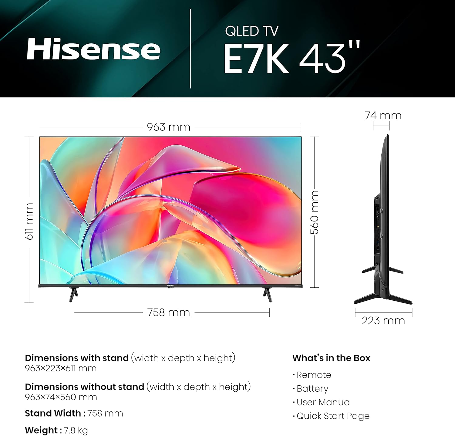 Hisense 43 Inch QLED Smart TV 43E7KQTUK - Quantum Dot Colour, 60Hz VRR, Dolby Vision, Bluetooth&HDMI, Share to TV, VIDAA Smart TV, and Youtube, Freeview Play, Netflix and Disney+ (2023 Model)-1