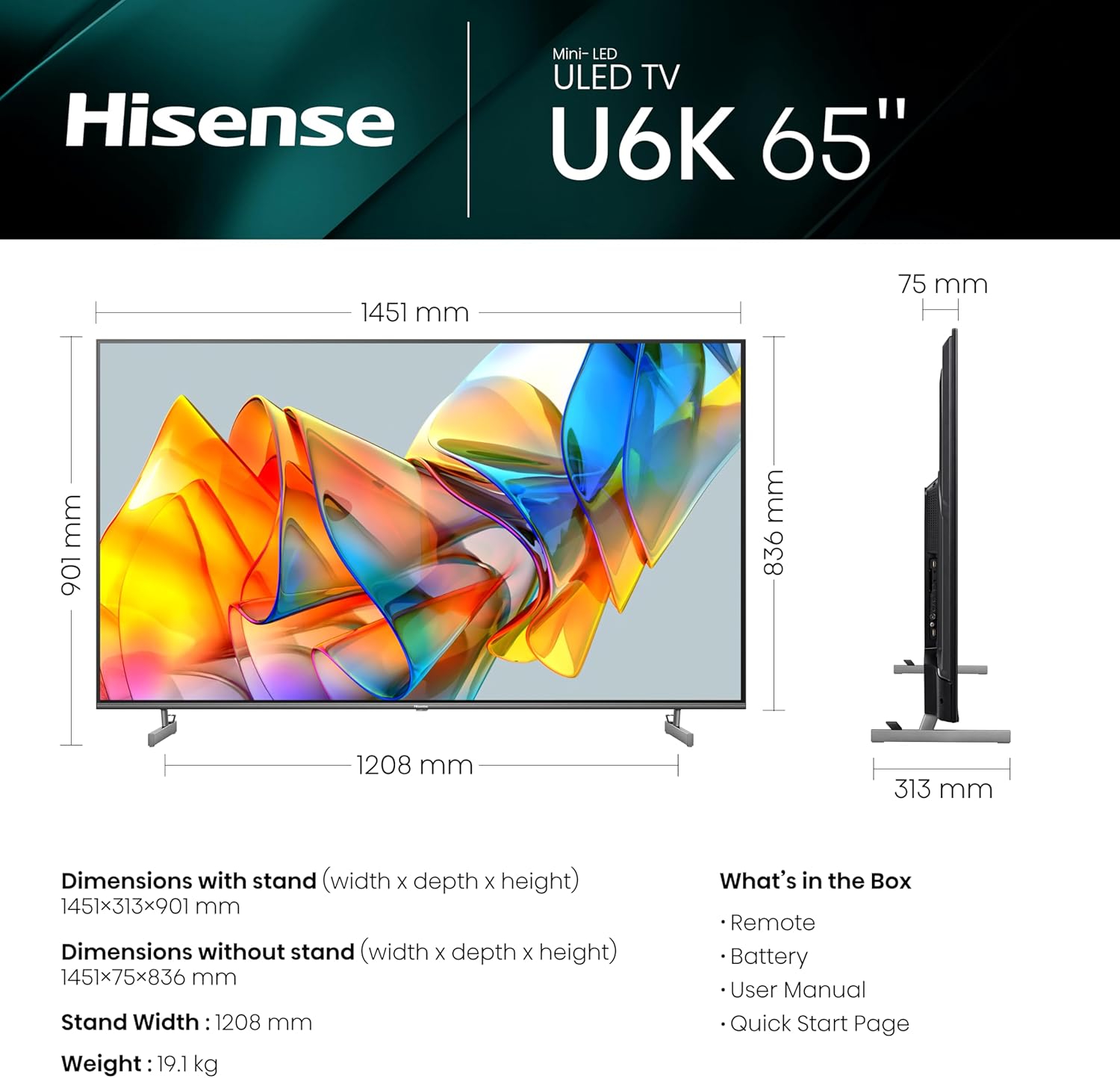 Hisense 65 Inch ULED Mini-LED TV 65U6KQTUK - Quantum Dot Colour, Dolby Vision IQ, VIDAA Smart TV, and Youtube, Freeview Play, Netflix and Disney+ (2023 Model)-1