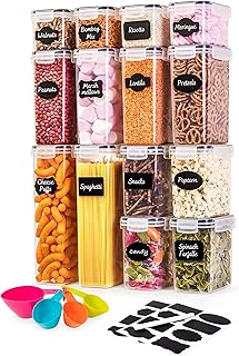 nuovva Airtight Food Dispenser Set – 14pcs Plastic Kitchen Organiser - Cereal Storage Dispenser with Lids – Food Dispenser Set – Kitchen Organisation Jars with Measuring Spoons, Marker & Labels…