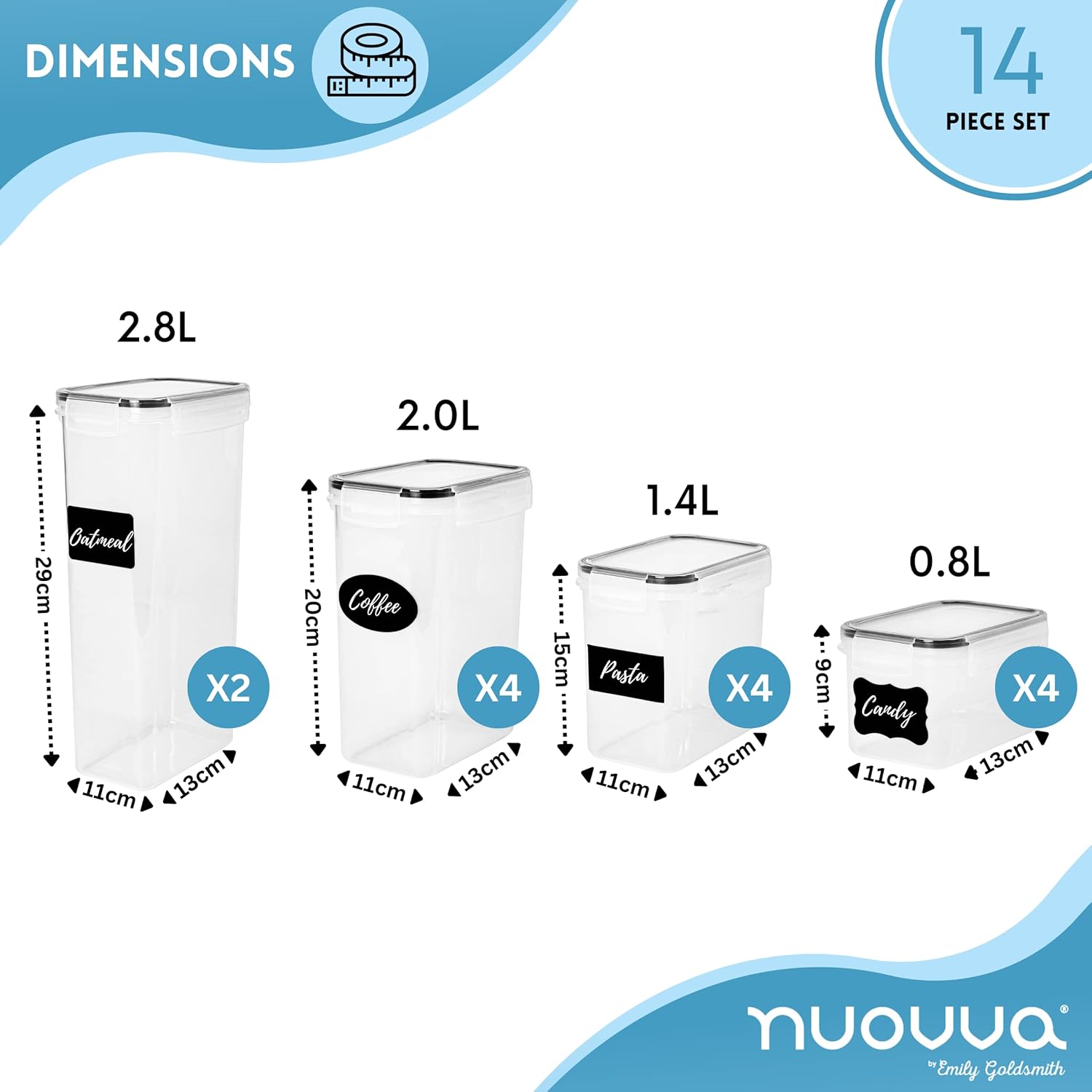 nuovva Airtight Food Dispenser Set – 14pcs Plastic Kitchen Organiser - Cereal Storage Dispenser with Lids – Food Dispenser Set – Kitchen Organisation Jars with Measuring Spoons, Marker & Labels…-1