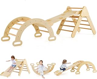 Maxmass Kids Climbing Triangle Set, 3-in-1 Toddler Climber with Ladder, Reversible Ramp & Arch, Wooden Climbing Playground for Indoor & Outdoor (Natural)