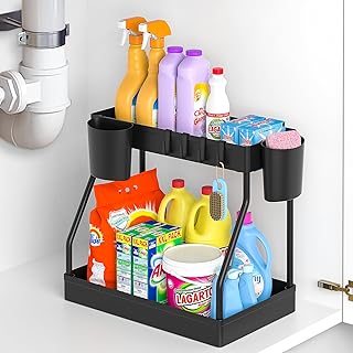 Umriox Under Sink Storage Shelf Under Sink organizer, 2-Tier Multi-Use Bathroom Storage and Organisation Storage Rack Basket with 4 Hooks and 2 Hanging Cup for Kitchen, Bathroom, Pantry, Black