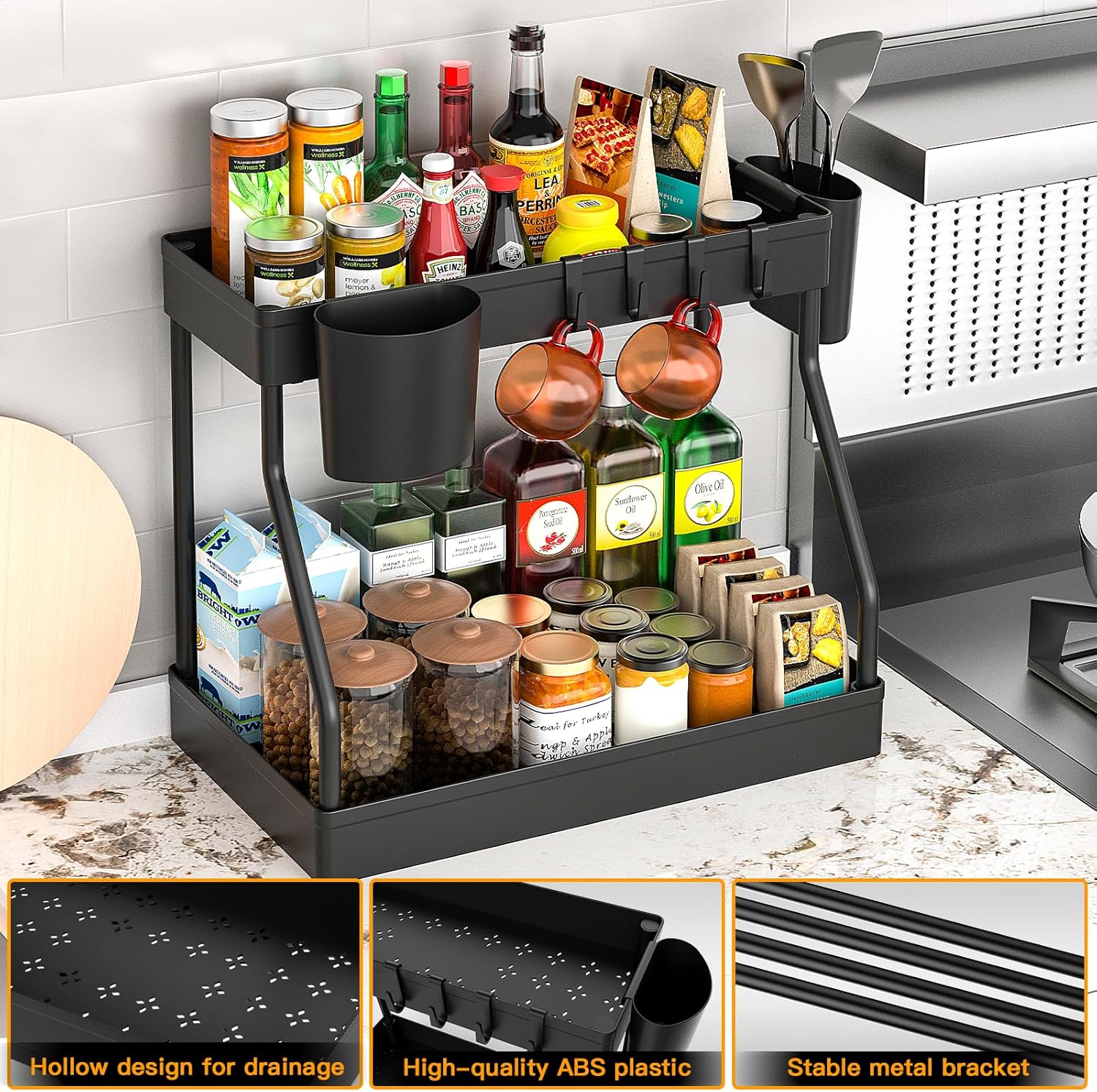 Umriox Under Sink Storage Shelf Under Sink organizer, 2-Tier Multi-Use Bathroom Storage and Organisation Storage Rack Basket with 4 Hooks and 2 Hanging Cup for Kitchen, Bathroom, Pantry, Black-1