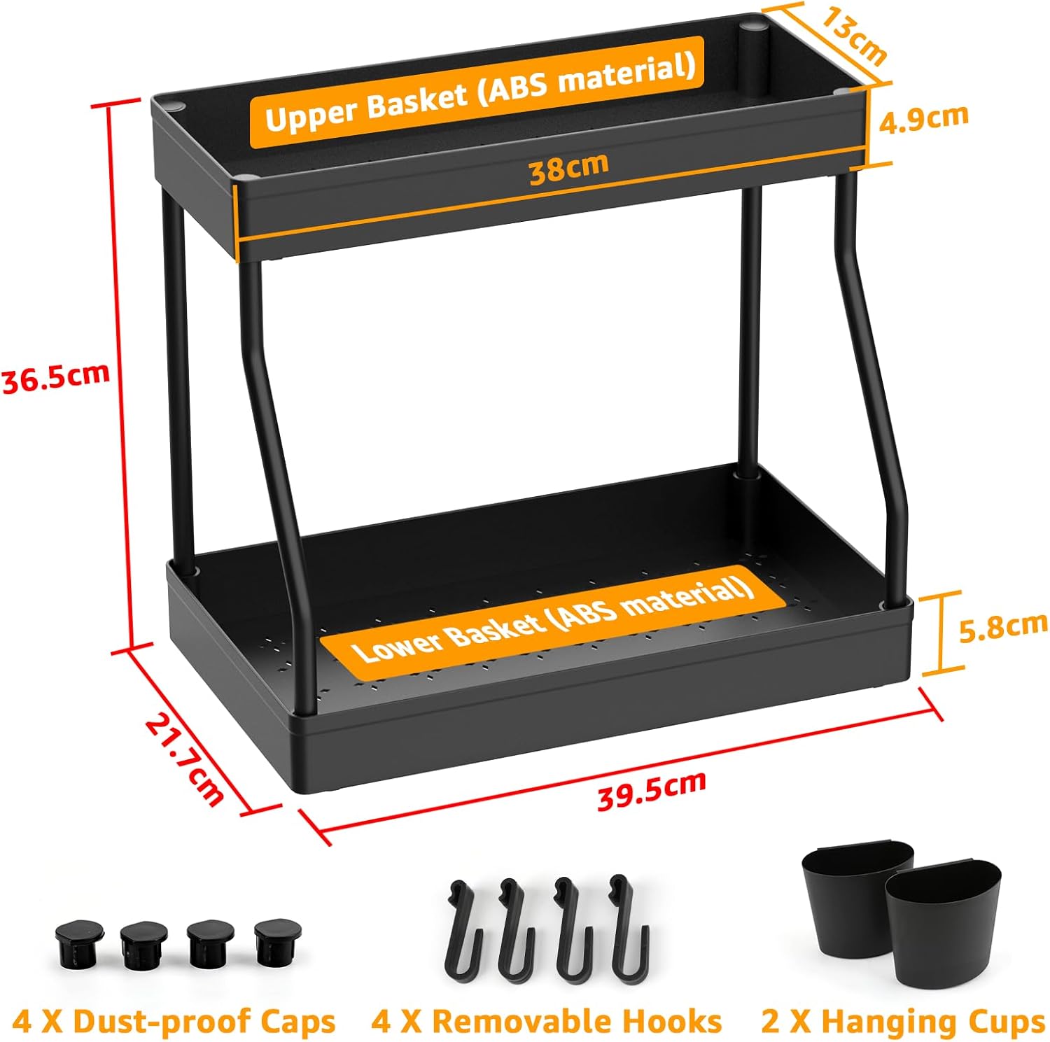 Umriox Under Sink Storage Shelf Under Sink organizer, 2-Tier Multi-Use Bathroom Storage and Organisation Storage Rack Basket with 4 Hooks and 2 Hanging Cup for Kitchen, Bathroom, Pantry, Black-2