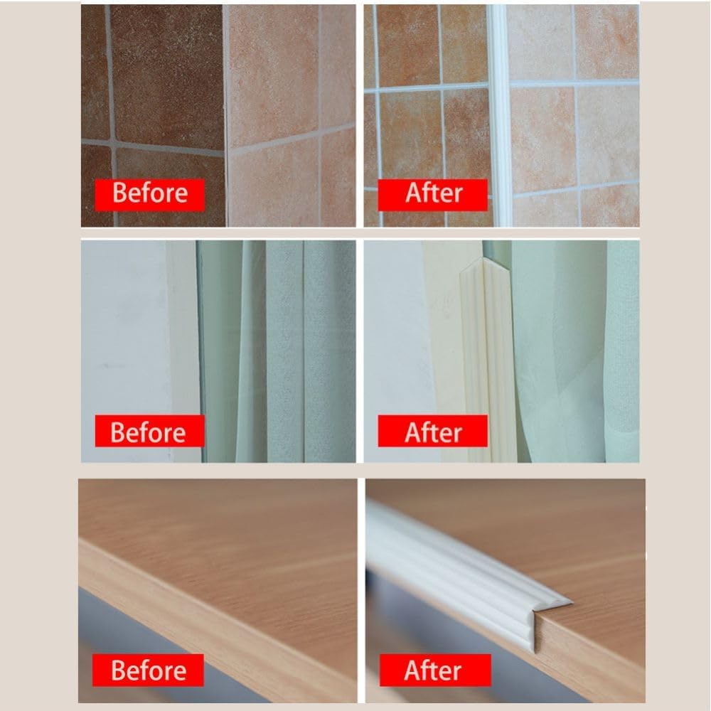 2M PVC Edging Trim for Tile Floor Bathroom Door Frame Countertops,Self Adhesive Inside & Outside Corner Strip,Floor Transition Strip,Caulk Molding Trim,Furniture Protector Guards,40mm-3