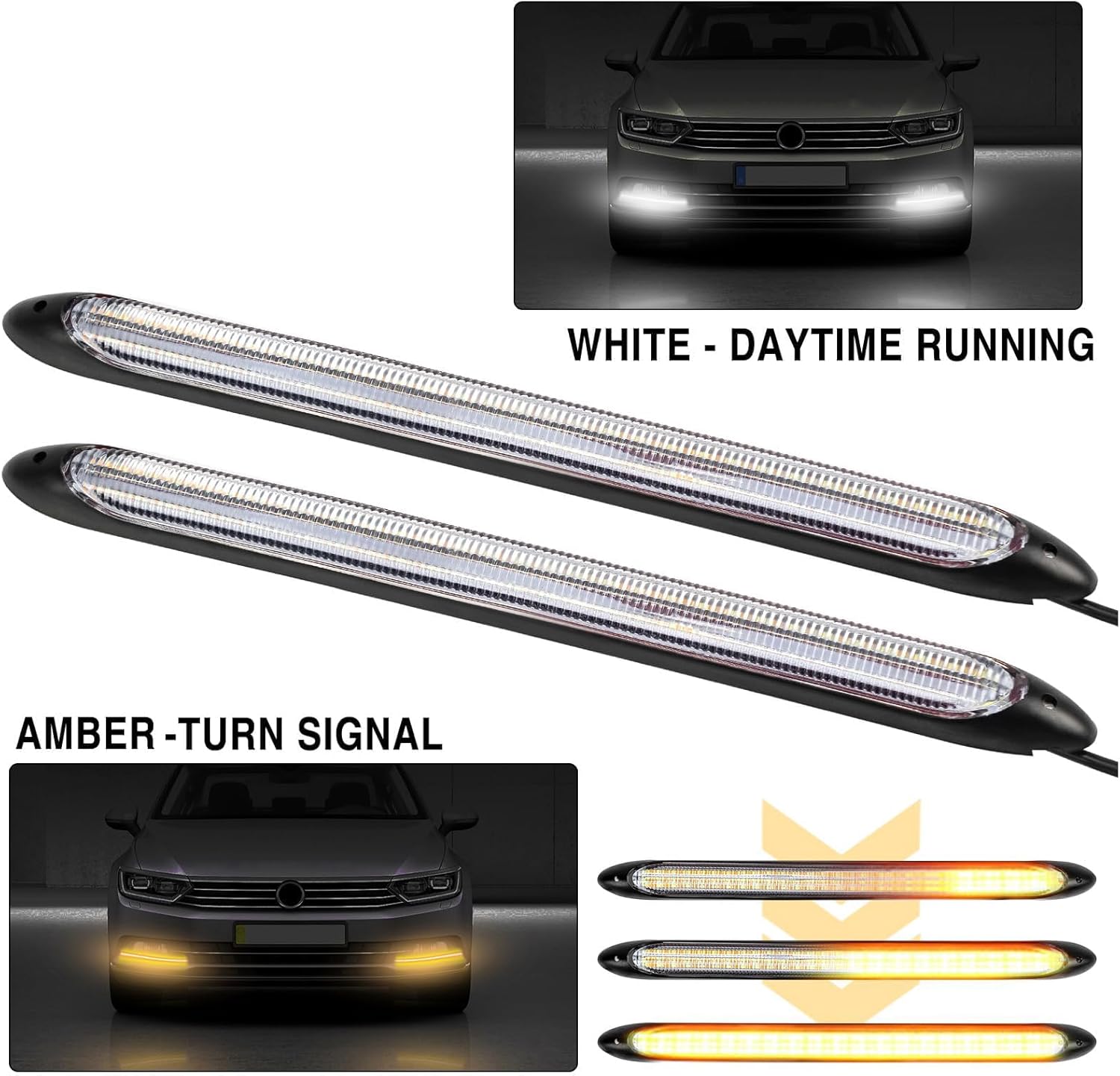 AUTOXBERT Car LED Turn Signal Lights, Universal Pair of DRL Front Bumper Daytime Running Lamp Strip White Yellow Light Color Waterproof(15.5CM)-2