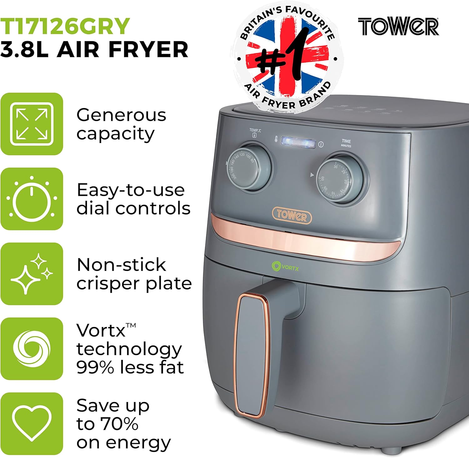 Tower, T17126GRY, Vortx Air Fryer with Manual Controls, 1500W, 3.8L, Grey-1