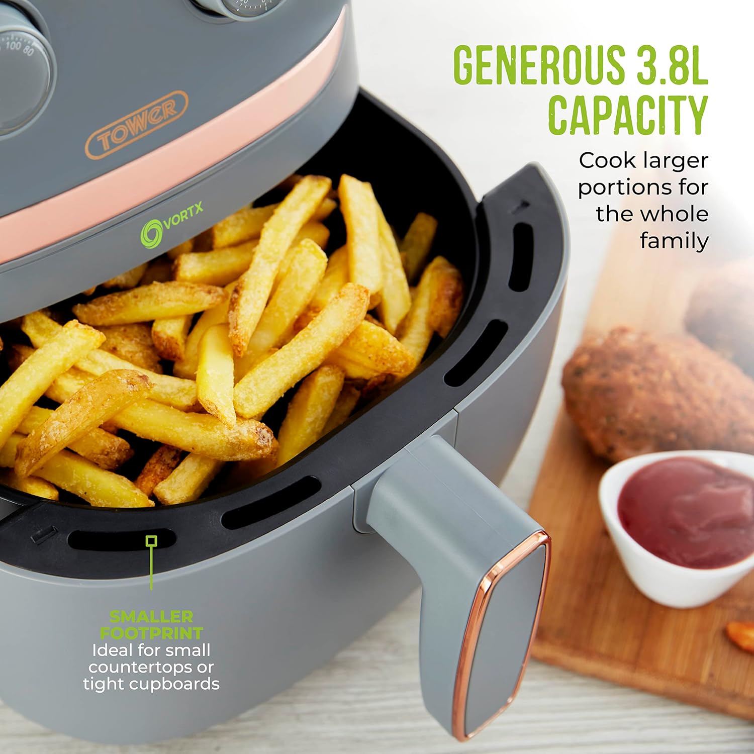 Tower, T17126GRY, Vortx Air Fryer with Manual Controls, 1500W, 3.8L, Grey-2