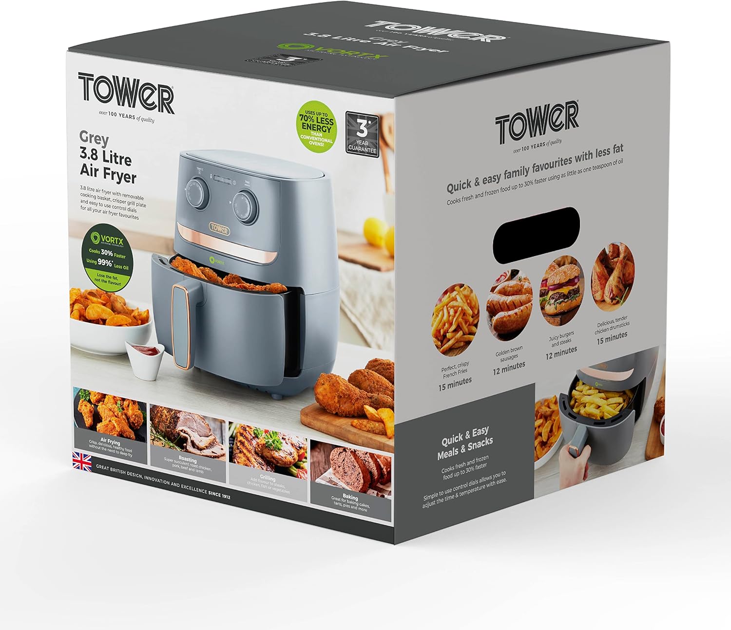 Tower, T17126GRY, Vortx Air Fryer with Manual Controls, 1500W, 3.8L, Grey-8