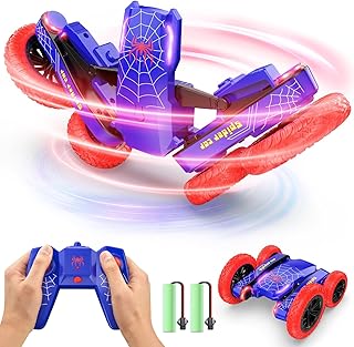 DEERC RC Stunt Car, Double Side Driving, 360° Rotation & Flip, RC Crawler W/LED Lights, 2 Batteries, 4WD 2.4GHz Remote Control Car, All Terrain Race Stunt Car Spider Toys Gift for Kids Boys Girls Man