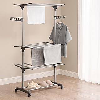 Vivo Technologies Clothes Drying Rack 4-Tier Folding Clothes Airer,Metal Laundry Drying Rack Collapsible Clothes Rack,Expandable Clothes Drying Rack Dryer Hanger Rack Grey