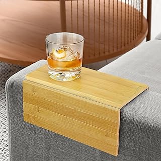 Bamboo Sofa Arm Tray Foldable Wooden Armrest Couch Organiser for Drinks, Bowl, Snack, Magazine, Remote - Couch Protector Laptop and Tablet Holder 36cm x 25cm x 1cm