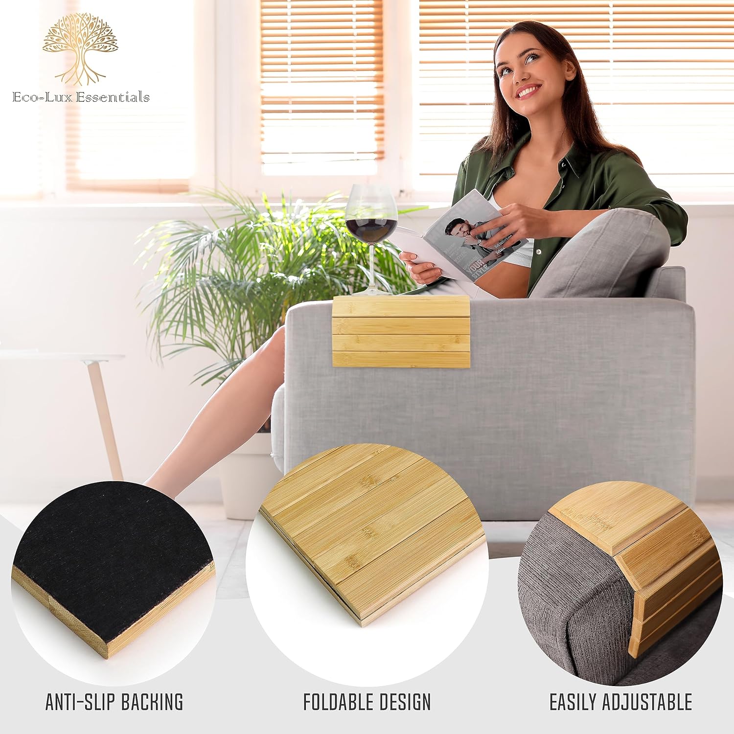 Bamboo Sofa Arm Tray Foldable Wooden Armrest Couch Organiser for Drinks, Bowl, Snack, Magazine, Remote - Couch Protector Laptop and Tablet Holder 36cm x 25cm x 1cm-4