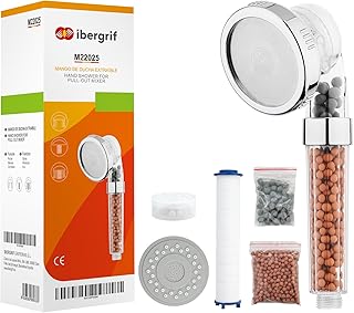 Ibergrif M22025 Shower Head with Beads Filter, 3 Modes Shower Head Filter, Universal Hard Water Softener Shower Head with Extra Replaceable Accessories