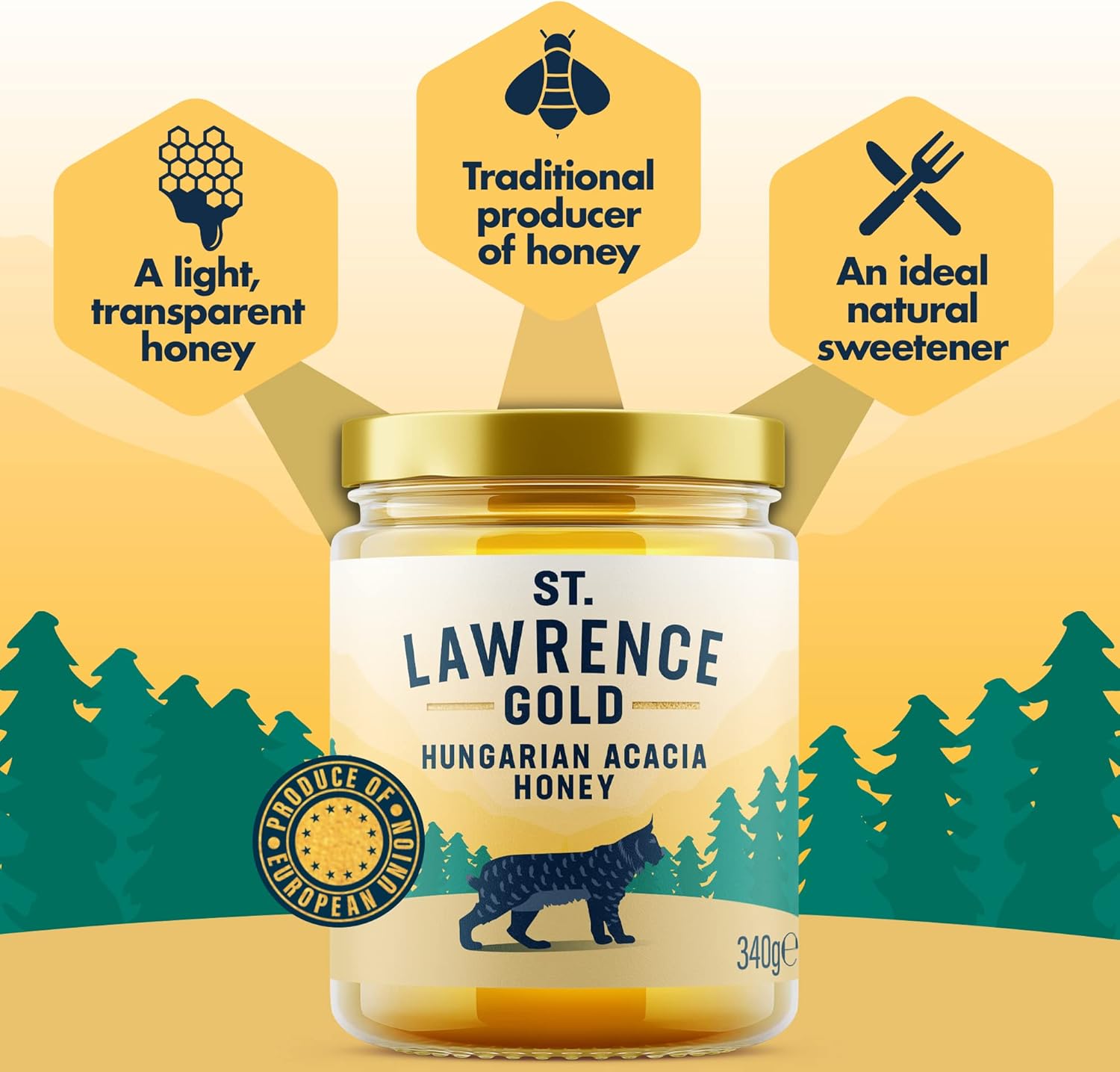 St Lawrence Gold Hungarian Acacia Honey 340g – Light and Delicate, Pure and Natural Honey – Delicious Light, Mild Flavour – Raw Honey Natural Sweetener-1