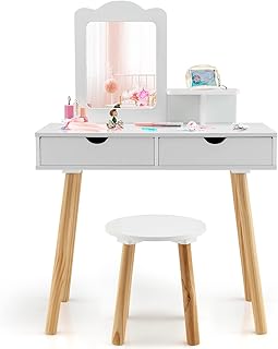 Maxmass 2-in-1 Kids Vanity Table and Stool, Wooden Children Dressing Table Set with Detachable Mirror, 2 Drawers and Open shelf, Princess Makeup Dresser Desk for Girls (White)