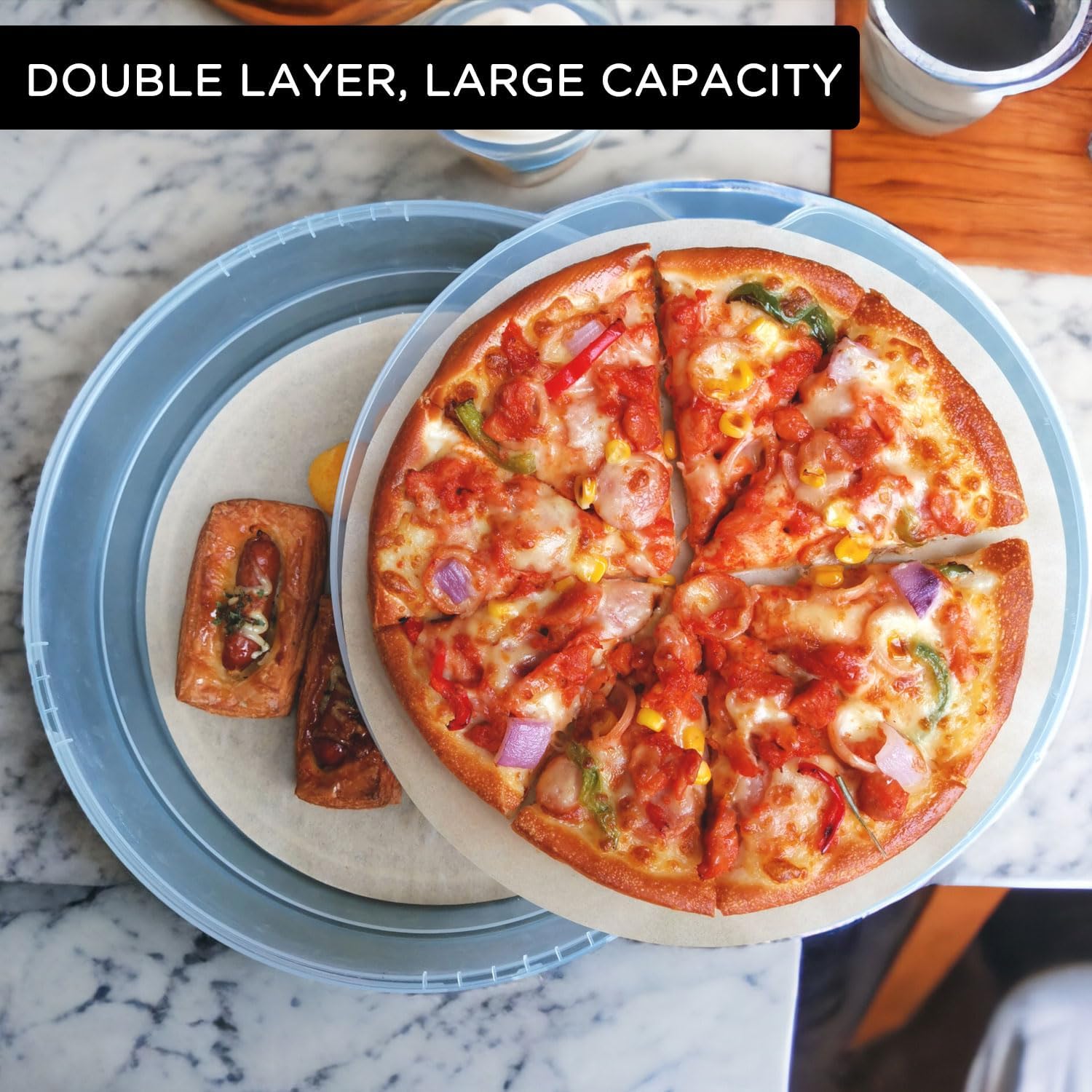 Joyfulmap 2 Pack Pizza Storage Container with Lid and Handle, 12“ Reusable Food Storage Container with Dividers, Oil Absorbing Paper, Round Compartments for Food Cake, Desserts-3