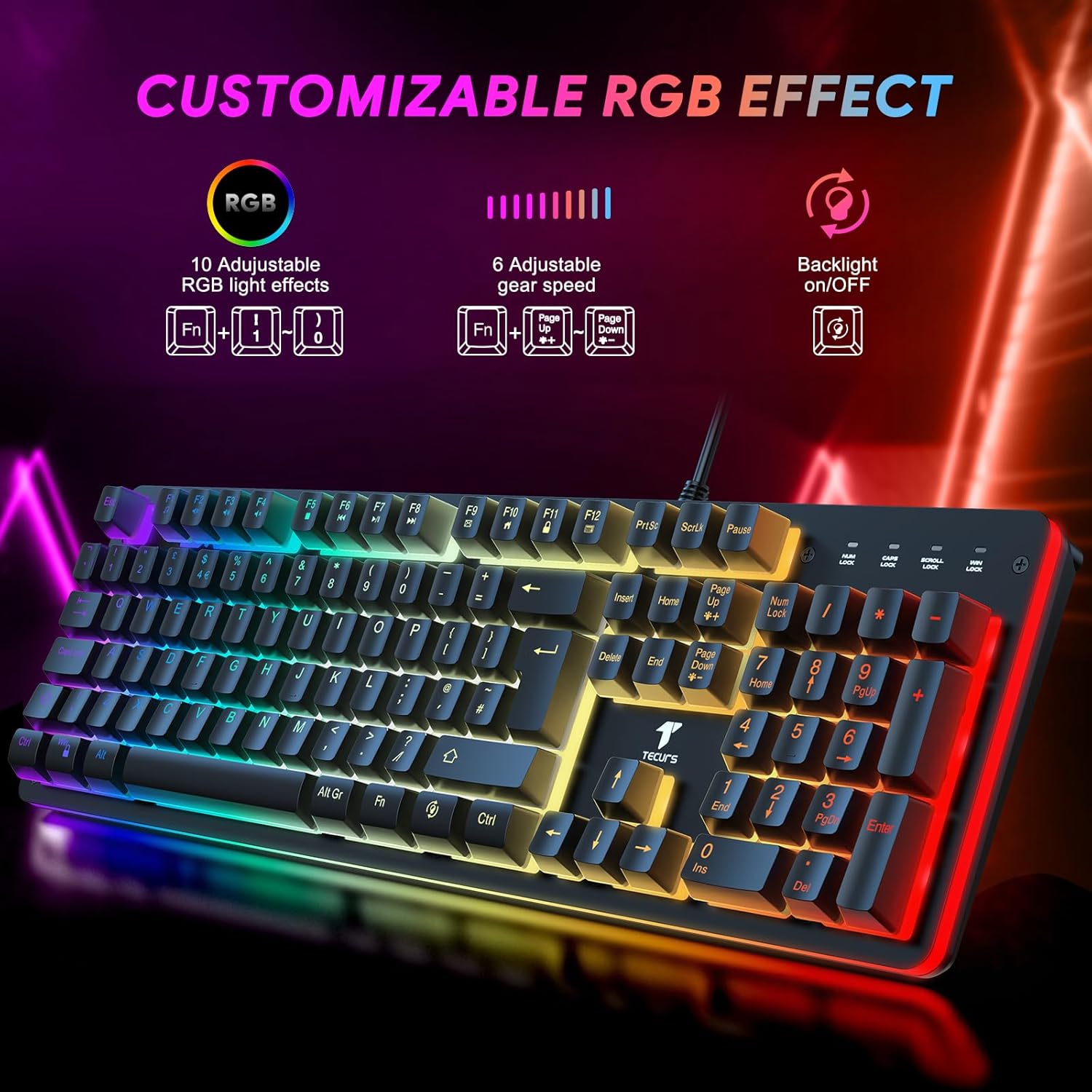 TECURS Gaming Keyboard Wired, RGB Backlit, Customizable Actuation, Anti Ghosting Silent Keyboard, 105 Keys Full Size Ergonomic Waterproof Keyboard for PC Gamers, QWERTY Layout-2