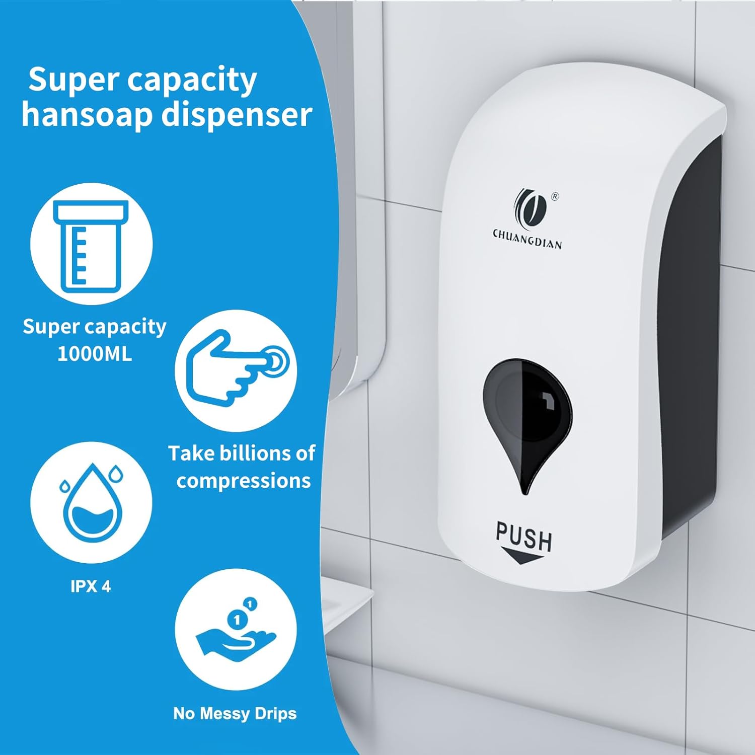 1000ML Liquid Soap Dispenser for Bathroom Kitchen Wall Shower Soap Shampoo Dispenser Refillable Lotion Container Dish Hand Washing Soap Dispenser for Home Commercial (White)-1