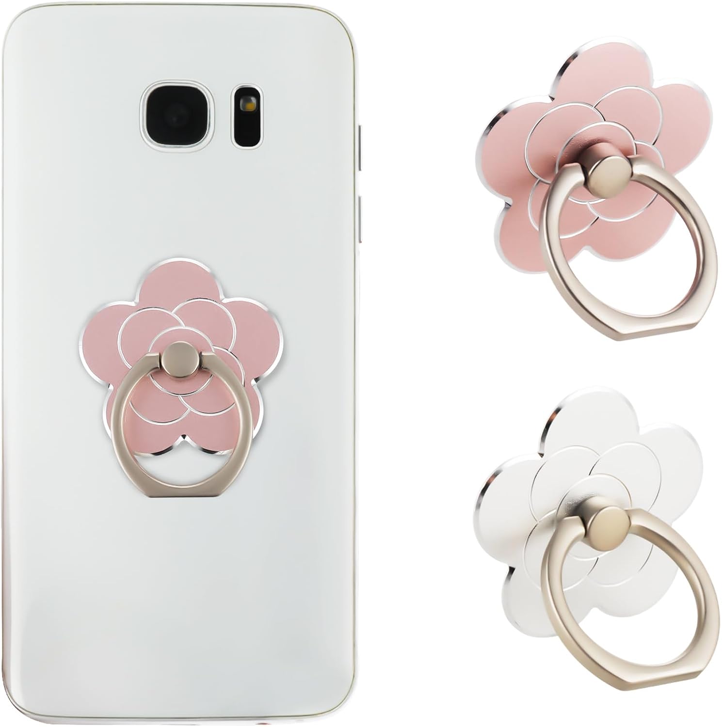 Sibba 2pcs Phone Ring Holder Kickstand Cellphone Flower Finger Ring Grips Stand Metal Universal Accessories Compatible with Smartphone, Mobile Phones, Phone case (Silver, Rose Gold)-0