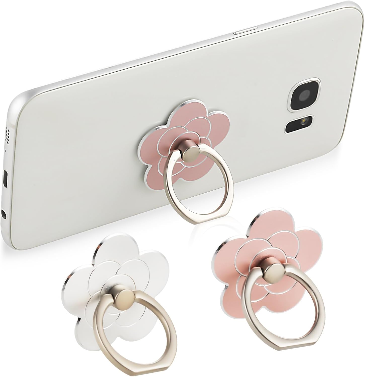 Sibba 2pcs Phone Ring Holder Kickstand Cellphone Flower Finger Ring Grips Stand Metal Universal Accessories Compatible with Smartphone, Mobile Phones, Phone case (Silver, Rose Gold)-1