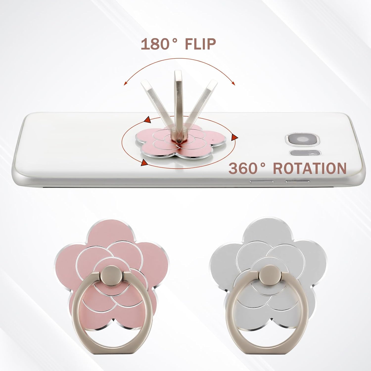 Sibba 2pcs Phone Ring Holder Kickstand Cellphone Flower Finger Ring Grips Stand Metal Universal Accessories Compatible with Smartphone, Mobile Phones, Phone case (Silver, Rose Gold)-2