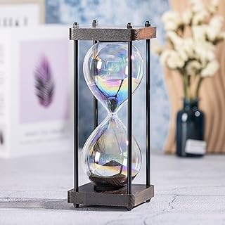 Rainbow Hourglass Timer 60 Minute, Wooden Frame Decorative Sand Timer (Black Sand, Large Size)