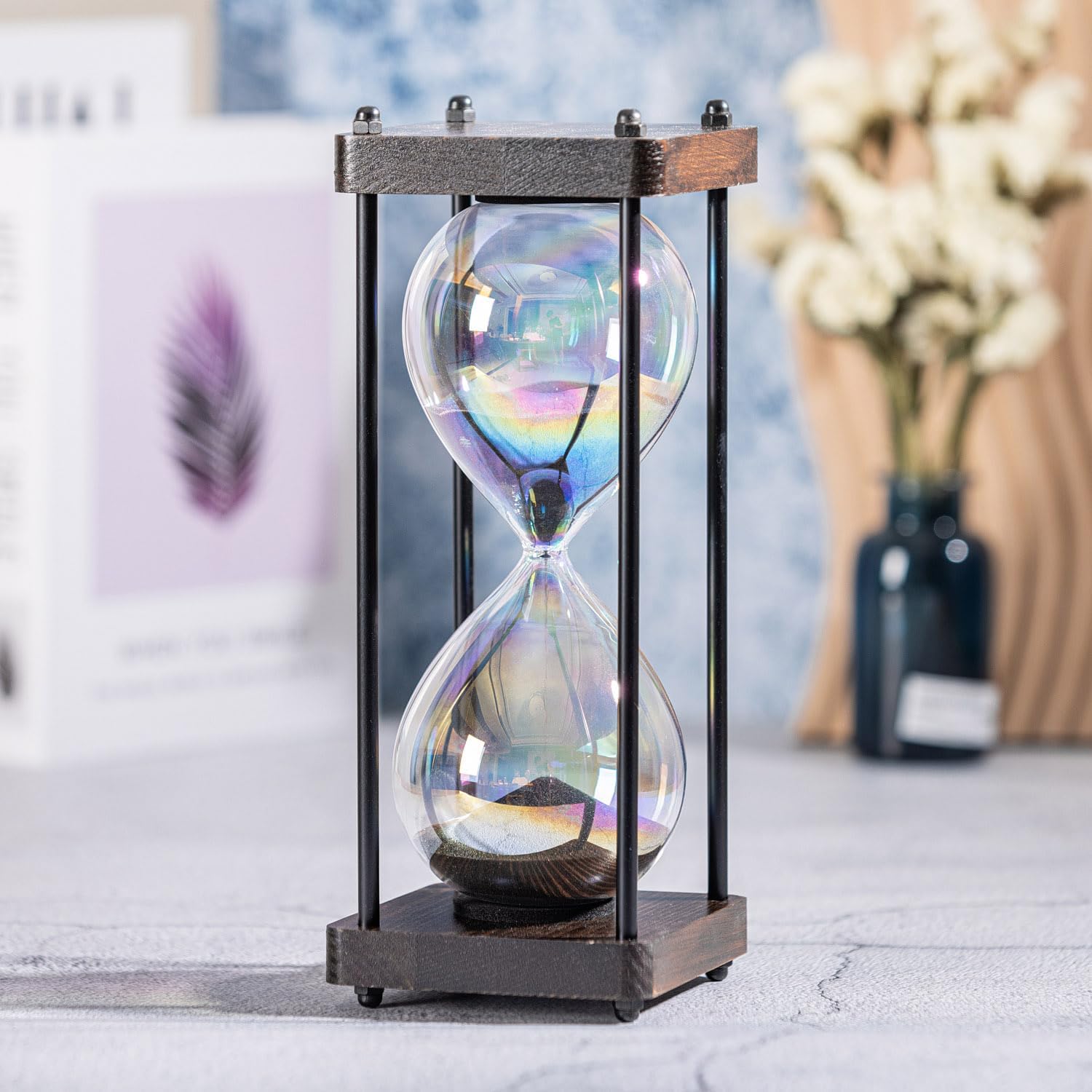 Rainbow Hourglass Timer 60 Minute, Wooden Frame Decorative Sand Timer (Black Sand, Large Size)-0