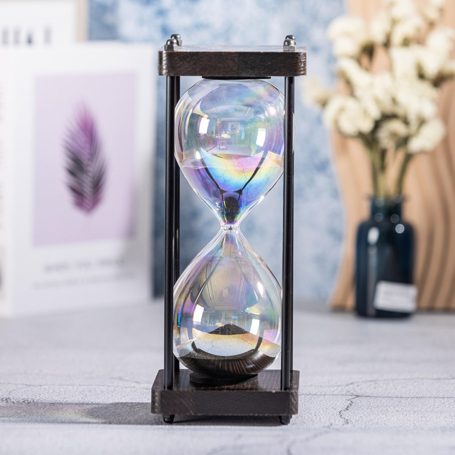 Rainbow Hourglass Timer 60 Minute, Wooden Frame Decorative Sand Timer (Black Sand, Large Size)-1