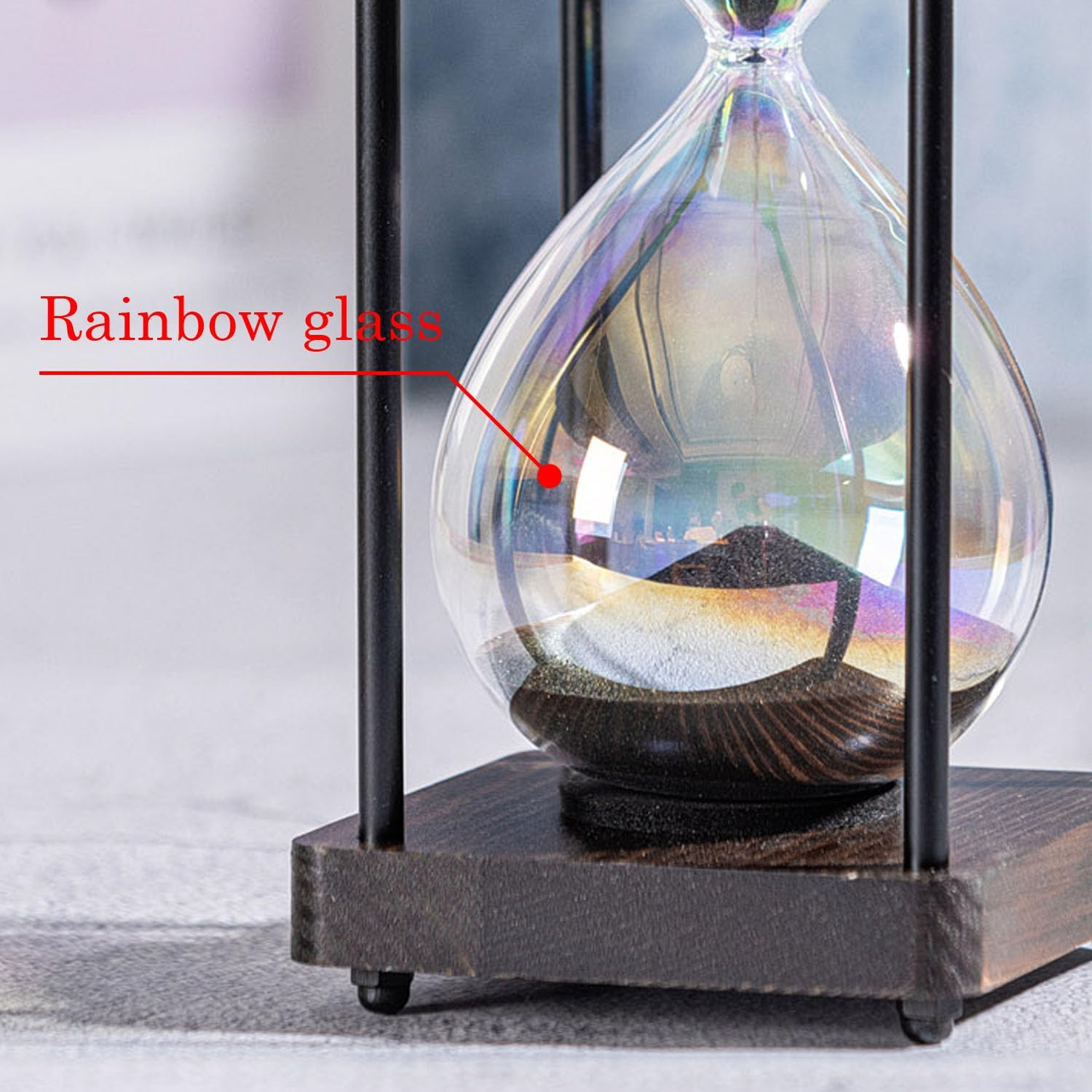 Rainbow Hourglass Timer 60 Minute, Wooden Frame Decorative Sand Timer (Black Sand, Large Size)-2