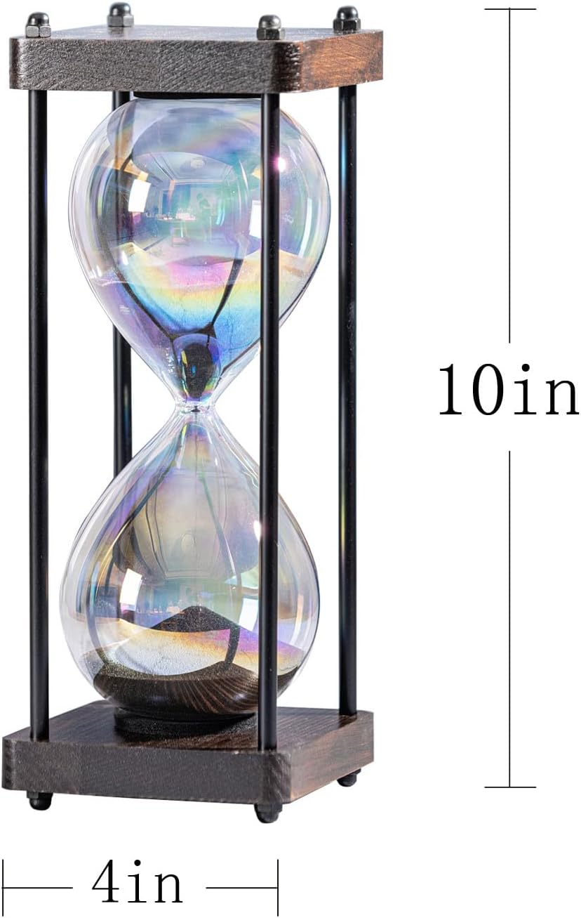 Rainbow Hourglass Timer 60 Minute, Wooden Frame Decorative Sand Timer (Black Sand, Large Size)-3