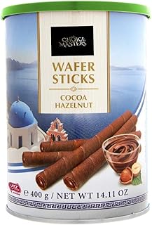 Wafer Rolls with Deliciously Fine Cocoa Hazelnut Flavored Cream Gift Tin - Irresistible Tea Time Treat - Wafer Rolls with Cocoa Cream Filling and Hazelnuts 50% - 400 g