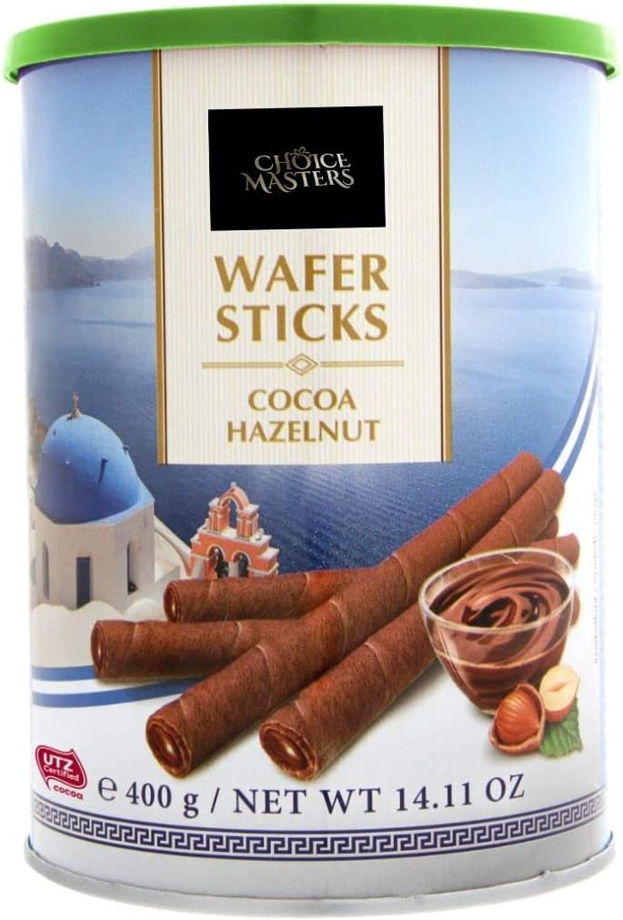 Wafer Rolls with Deliciously Fine Cocoa Hazelnut Flavored Cream Gift Tin - Irresistible Tea Time Treat - Wafer Rolls with Cocoa Cream Filling and Hazelnuts 50% - 400 g-0