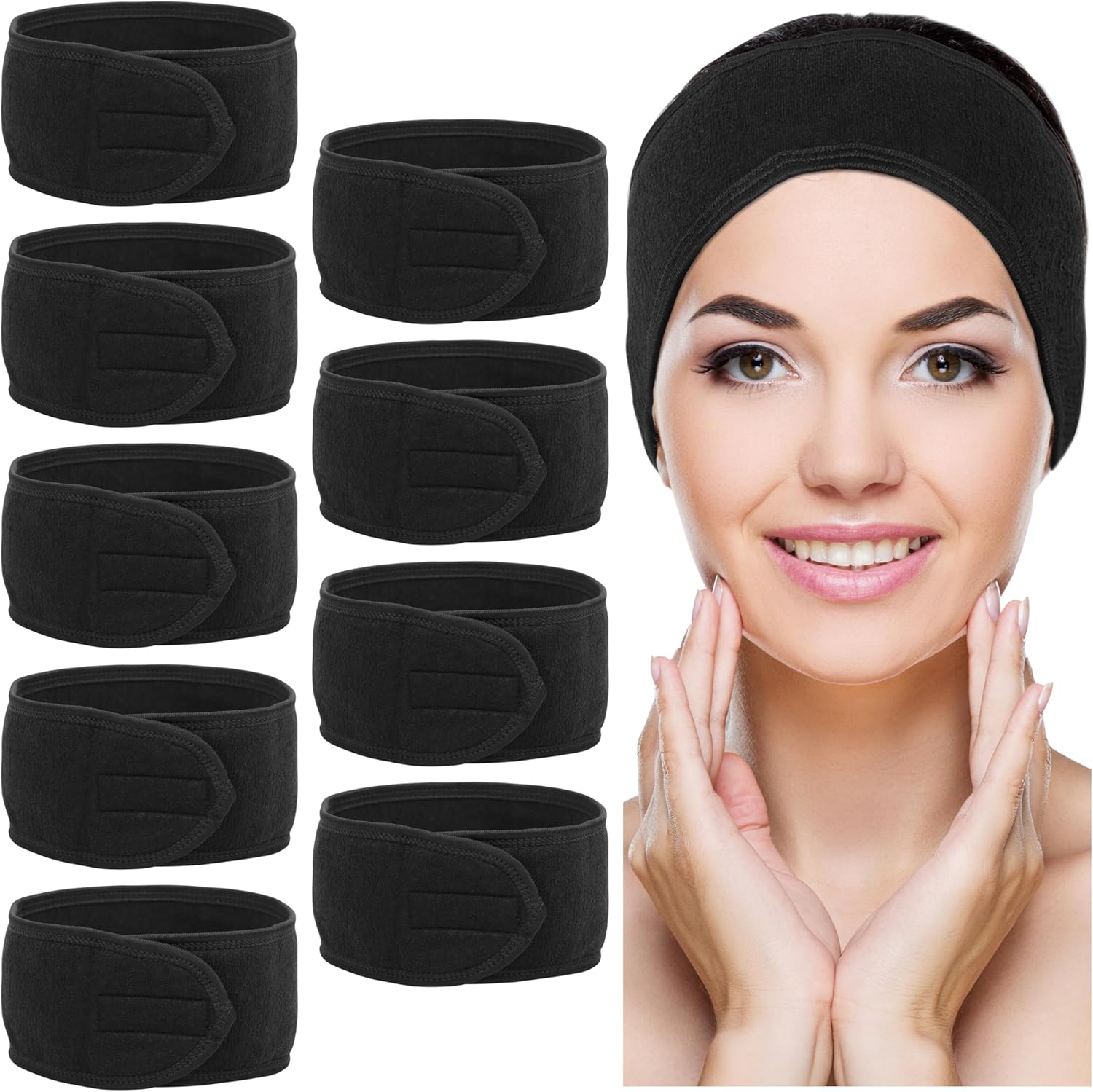 Belle Vous 10 Pack of Black Spa Facial Headbands - Non-Slip Makeup Wrap Headband - Adjustable Face and Shower Terry Cloth - Towel to Protect Hair and Head for Washing, Yoga, Baths and Sport-0