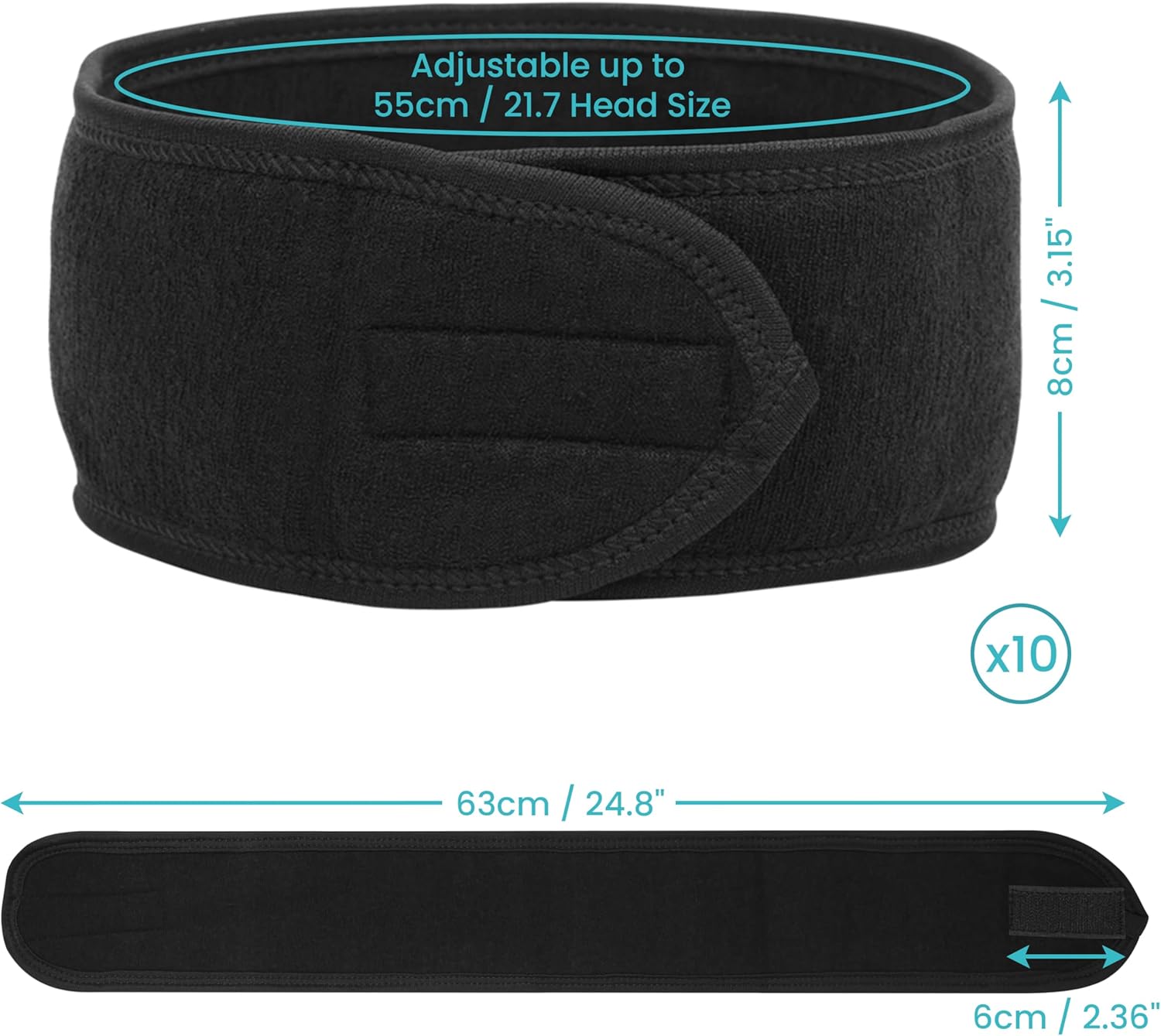 Belle Vous 10 Pack of Black Spa Facial Headbands - Non-Slip Makeup Wrap Headband - Adjustable Face and Shower Terry Cloth - Towel to Protect Hair and Head for Washing, Yoga, Baths and Sport-1