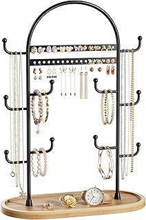 niffgaff Jewelry Stand Jewellery Organiser Necklace Earring Holder Necklace Display Stand Headband Organiser For Hanging Ring Bracelet Watches Storage Bedroom Accessories Black With Wooden Round Tray