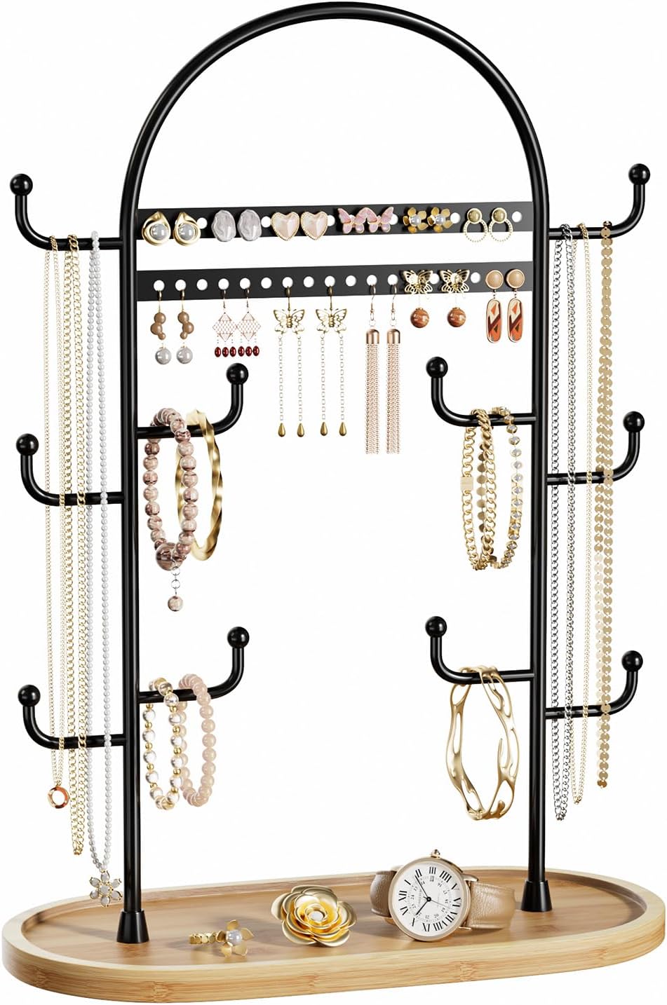 niffgaff Jewelry Stand Jewellery Organiser Necklace Earring Holder Necklace Display Stand Headband Organiser For Hanging Ring Bracelet Watches Storage Bedroom Accessories Black With Wooden Round Tray-0